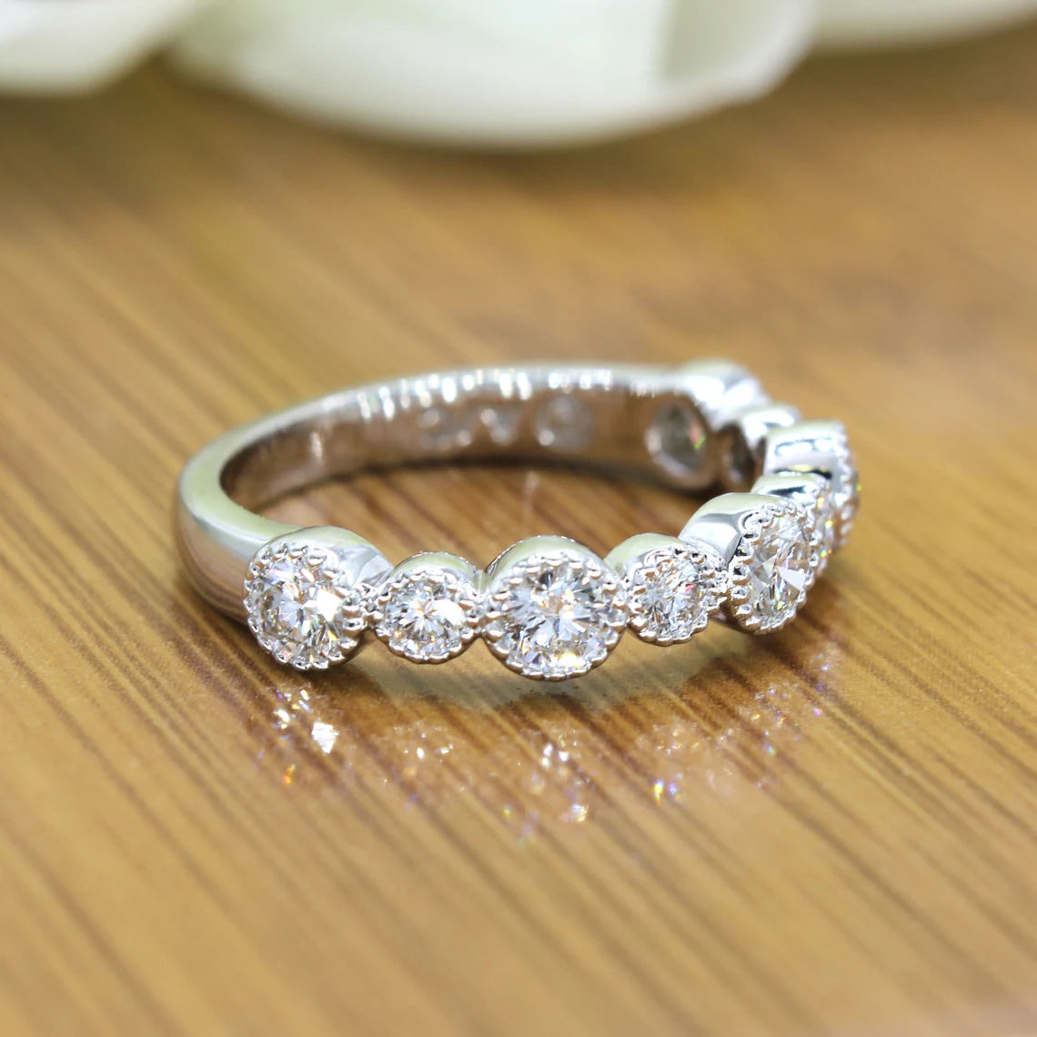 0.85 ct. Round Diamond Wedding Stackable Band, Bezel Set Milgrain Accent Ring-VIRABYANI